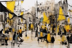 An AI-generated doodle of a busy marketplace.. Created by user: @ianofrivendale via Midjourney